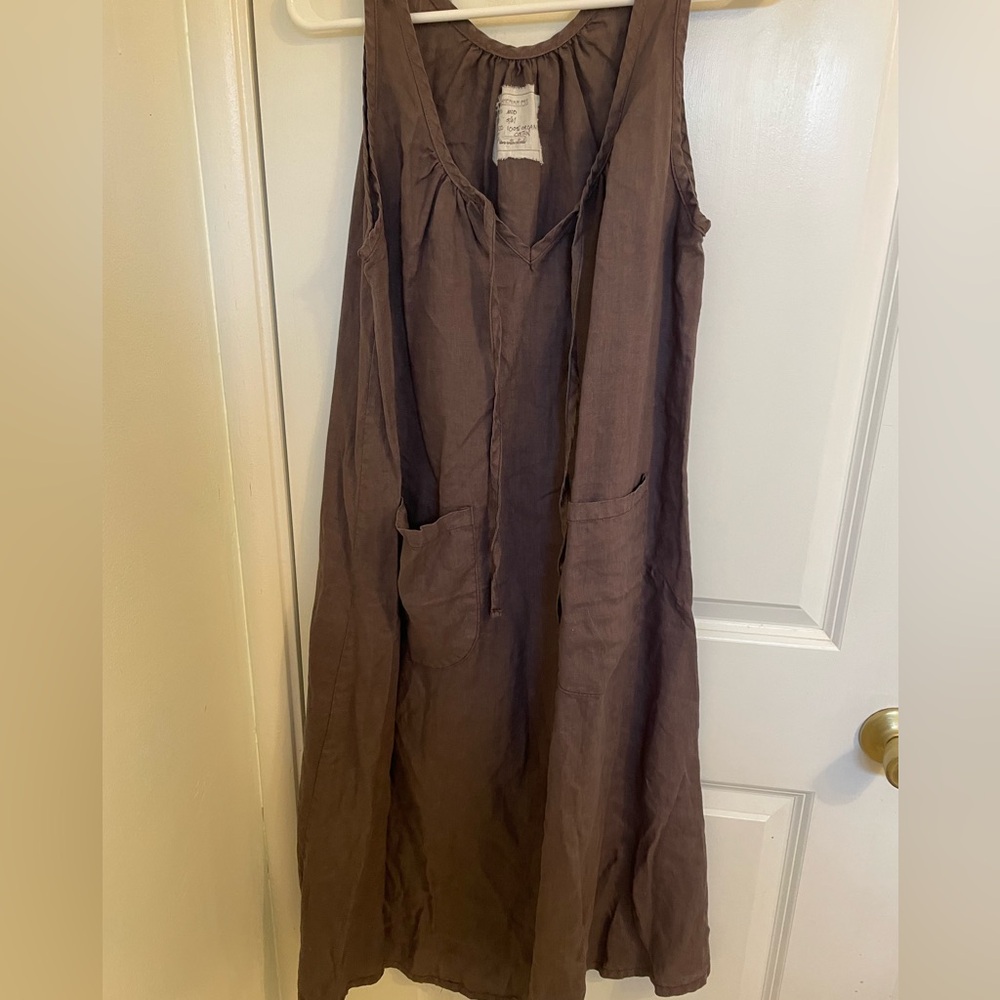Bohemian Folk Clothing linen blend brown gather dress S/M mud